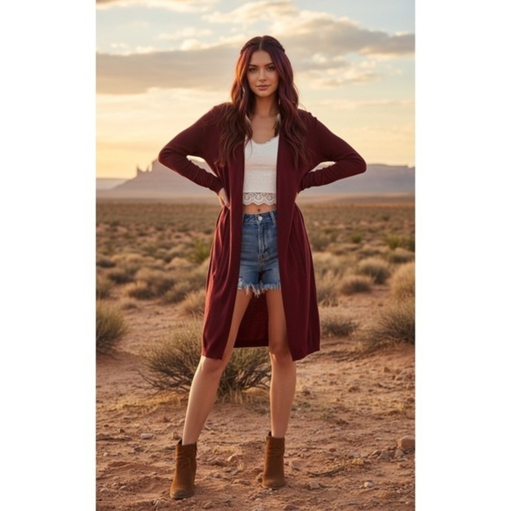 By ANTHROPOLOGIE Pointelle Long Cardigan Sweater‎ Purple Burgundy Cottage Medium